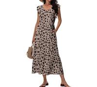 Tanmolo Maxikleid Damen Sommerkleid Lang Strandkleid Mit V-Ausschnitt Im Swing-Stil Mit Blumenmuster Mit Taschen (Braun Leoparden M)