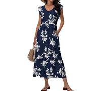 Tanmolo Maxikleid Damen Sommerkleid Lang Strandkleid Mit V-Ausschnitt Im Swing-Stil Mit Blumenmuster Mit Taschen (Marineblau Blumen XL)
