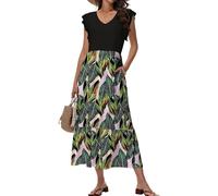 Tanmolo Maxikleid Damen Sommerkleid Lang Strandkleid Mit V-Ausschnitt Im Swing-Stil Mit Blumenmuster Mit Taschen (Tropischer Regenwald L)
