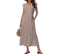 Tanmolo Maxikleid Damen Sommerkleid Lang Strandkleid Mit V-Ausschnitt Im Swing-Stil Mit Blumenmuster Mit Taschen (Kleiner Leopardprint L)