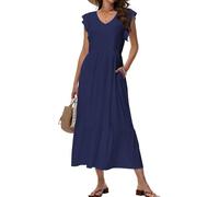 Tanmolo Maxikleid Damen Sommerkleid Lang Strandkleid Mit V-Ausschnitt Im Swing-Stil Mit Blumenmuster Mit Taschen (Dunkelblau L)
