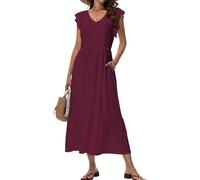 Tanmolo Maxikleid Damen Sommerkleid Lang Strandkleid Mit V-Ausschnitt Im Swing-Stil Mit Blumenmuster Mit Taschen (Weinrot L)