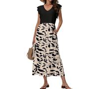 Tanmolo Maxikleid Damen Sommerkleid Lang Strandkleid Mit V-Ausschnitt Im Swing-Stil Mit Blumenmuster Mit Taschen (Schwarz Blatt M)