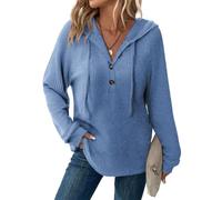 Tanmolo Pullover Damen Hoodie V-Ausschnitt Kapuzenpullover Knopfleiste Leichter Strickpullover Langarm Sweatshirt Tops Blau-Melange, M