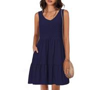 Tanmolo Sommerkleid Damen Knielang,V-Ausschnitt Taschen,Dunkelblau,S