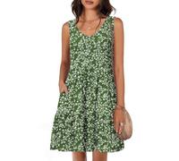 Tanmolo Sommerkleid Damen Knielang,V-Ausschnitt Taschen,Grün Blumen,M