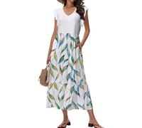 Tanmolo Sommerkleid Damen Lang V-Ausschnitt,Taschen,Bunte Blätter,XXL