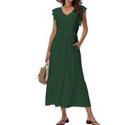Tanmolo Sommerkleid Damen Lang V-Ausschnitt,Taschen,Grün,M