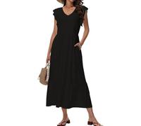 Tanmolo Sommerkleid Damen Lang V-Ausschnitt,Taschen,Schwarz,XL