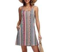 Tanmolo Sommerkleid Damen Strandkleid Spaghettitrger Freizeitkleid Kurz Ärmellos Tank Kleid Leicht und Luftig S Boho-Regenbogen-Streifen