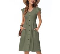 Tanmolo Sommerkleider Damen Leicht Und Luftig, Knielanges Jerseykleid Mit Knöpfen, Strandkleid Mit Blumenmuster Und Taschen (Grün L)