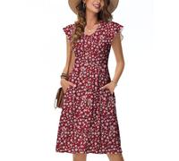 Tanmolo Sommerkleider Damen Leicht Und Luftig, Knielanges Jerseykleid Mit Knöpfen, Strandkleid Mit Blumenmuster Und Taschen (Rote Blüten M)