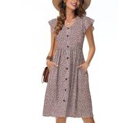 Tanmolo Sommerkleider Damen Leicht Und Luftig, Knielanges Jerseykleid Mit Knöpfen, Strandkleid Mit Blumenmuster Und Taschen (Kleiner Leopardprint XL)