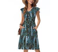 Tanmolo Sommerkleider Damen Leicht Und Luftig, Knielanges Jerseykleid Mit Knöpfen, Strandkleid Mit Blumenmuster Und Taschen (Funkelndes Blätterblau S)