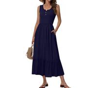 Tanmolo Strandkleid Damen Ärmellos Sommerkleid Knopfleiste Maxikleid Mit Taschen (Dunkelblau XL)
