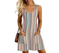 Tanmolo Strandkleid Damen Sommerkleid Knielang Trägerkleid A Linie Mit Knopfleiste Und Taschen (Ethno-Stil Bunte Streifen XS)