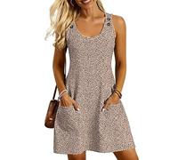 Tanmolo Strandkleid Damen Sommerkleid Knielang Trägerkleid A Linie Mit Knopfleiste Und Taschen (Hellbraunes Leopard XS)