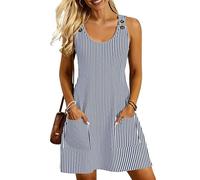 Tanmolo Strandkleid Damen Sommerkleid Knielang Trägerkleid A Linie Mit Knopfleiste Und Taschen (Hellblaue vertikale Streifen M)
