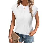 Tanmolo T-Shirt Damen Oberteile Sommer Tank Top mit Flügelärmeln Rundhals Strukturiertes Strickmaterial Unifarben Basic Bluse Elegant Casual Weiß, XL
