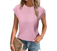 Tanmolo T-Shirt Damen Oberteile Sommer Tank Top mit Flügelärmeln Rundhals Strukturiertes Strickmaterial Unifarben Basic Bluse Elegant Casual Rosa, L