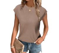 Tanmolo T-Shirt Damen Oberteile Sommer Tank Top mit Flügelärmeln Rundhals Strukturiertes Strickmaterial Unifarben Basic Bluse Elegant Casual Khaki, L