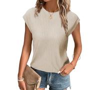 Tanmolo T-Shirt Damen Oberteile Sommer Tank Top mit Flügelärmeln Rundhals Strukturiertes Strickmaterial Unifarben Basic Bluse Elegant Casual Hellkhaki, XL