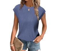 Tanmolo T-Shirt Damen Oberteile Sommer Tank Top mit Flügelärmeln Rundhals Strukturiertes Strickmaterial Unifarben Basic Bluse Elegant Casual Dunkelblau, L
