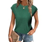 Tanmolo T-Shirt Damen Oberteile Sommer Tank Top mit Flügelärmeln Rundhals Strukturiertes Strickmaterial Unifarben Basic Bluse Elegant Casual Dunkelgrün, L