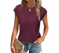 Tanmolo T-Shirt Damen Oberteile Sommer Tank Top mit Flügelärmeln Rundhals Strukturiertes Strickmaterial Unifarben Basic Bluse Elegant Casual Burgunderrot, XL