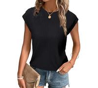 Tanmolo T-Shirt Damen Oberteile Sommer Tank Top mit Flügelärmeln Rundhals Strukturiertes Strickmaterial Unifarben Basic Bluse Elegant Casual Schwarz, M