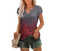Tanmolo T-Shirt Damen Sommer mit Elegant Tulpenärmeln V-Ausschnitt Oberteile aus Lochstickerei Casual Top Farbstoff Graurot, M
