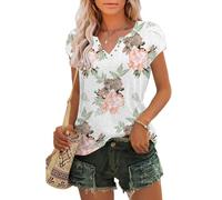 Tanmolo T-Shirt Damen Sommer mit Elegant Tulpenärmeln V-Ausschnitt Oberteile aus Lochstickerei Casual Top Blume, L