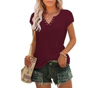 Tanmolo T-Shirt Damen Sommer mit Elegant Tulpenärmeln V-Ausschnitt Oberteile aus Lochstickerei Casual Top Burgunderrot, XXL