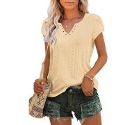 Tanmolo T-Shirt Damen Sommer mit Elegant Tulpenärmeln V-Ausschnitt Oberteile aus Lochstickerei Casual Top Hellgelb, XL