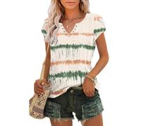 Tanmolo T-Shirt Damen Sommer mit Elegant Tulpenärmeln V-Ausschnitt Oberteile aus Lochstickerei Casual Top Verlaufsloch Grün-Orange, S