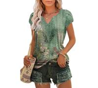 Tanmolo T-Shirt Damen Sommer mit Elegant Tulpenärmeln V-Ausschnitt Oberteile aus Lochstickerei Casual Top Grüne Blume, M