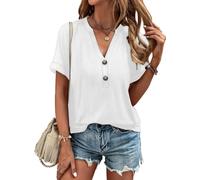 Tanmolo T-Shirt Damen Sommer Oberteile Elegant Kurzarm V Ausschnitt mit Knopfleiste Bluse Locker Top 2026 Weiß, L