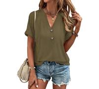 Tanmolo T-Shirt Damen Sommer Oberteile Elegant Kurzarm V Ausschnitt mit Knopfleiste Bluse Locker Top 2026 Olivgrün, S