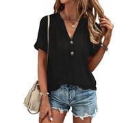 Tanmolo T-Shirt Damen Sommer Oberteile Elegant Kurzarm V Ausschnitt mit Knopfleiste Bluse Locker Top 2025 Schwarz, S