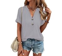 Tanmolo T-Shirt Damen Sommer Oberteile Elegant Kurzarm V Ausschnitt mit Knopfleiste Bluse Locker Top 2025 Grau, M