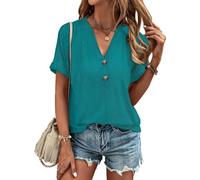 Tanmolo T-Shirt Damen Sommer Oberteile Elegant Kurzarm V Ausschnitt mit Knopfleiste Bluse Locker Top 2025 Türkis, M