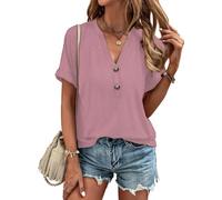 Tanmolo T-Shirt Damen Sommer Oberteile Elegant Kurzarm V Ausschnitt mit Knopfleiste Bluse Locker Top 2025 Rosa, S