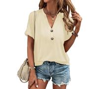 Tanmolo T-Shirt Damen Sommer Oberteile Elegant Kurzarm V Ausschnitt mit Knopfleiste Bluse Locker Top 2025 Creme, S
