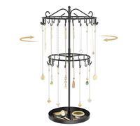 TANOSAN Kettenständer Schmuck Organizer mit 42 Haken, drehbarer Kettenhalter aus Metall, Höhenverstellbar für Lange und Kurze Halsketten, für Damen Herren, Schwarz, 2 Ebenen mit Schmuckablage