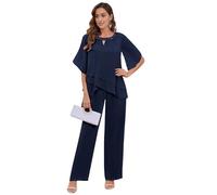 TANPAUL 2 Stück Hosenanzug Damen Festlich Elegant - Chiffon Kurzarm Mutter der Braut Hosenanzüge für Hochzeit Marineblau 38
