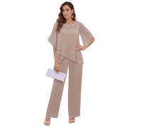 TANPAUL 2 Stück Hosenanzug Damen Festlich Elegant - Chiffon Kurzarm Mutter der Braut Hosenanzüge für Hochzeit Taupe 54