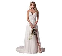 TANPAUL Brautkleider Hochzeitskleider Lang - Chiffon Spaghetti-Träger Standesamtkleider Spitze Prinzessin Brautkleid A-Linie Weiß 32