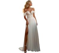 TANPAUL Brautkleider Schulterfrei Spitze Hochzeitskleider Damen Chiffon Standesamt Brautkleid mit Schlitz Elfenbein 46