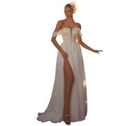 TANPAUL Brautkleider Schulterfrei Spitze Hochzeitskleider Damen Chiffon Standesamt Brautkleid mit Schlitz Weiß 48