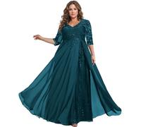 TANPAUL Brautmutterkleider für Hochzeit Damen Große Größe Abendkleider mit 3/4 Ärmel Pailletten Spitze Festliche Hochzeitsgast Partykleider Pfau 54